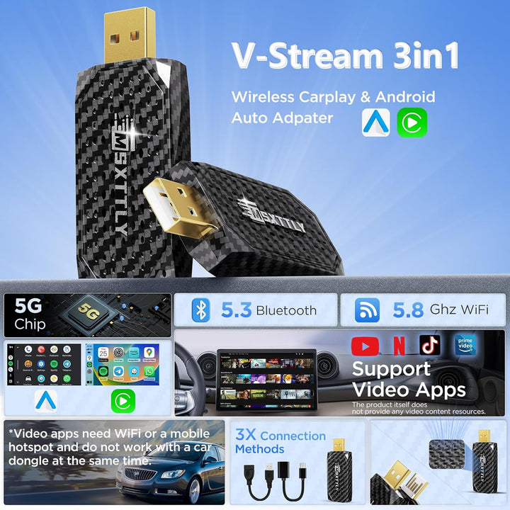 Wireless CarPlay Android Auto Adapter 3-in-1 2026, V-Stream unterstützt Netflix/YouTube, kompatibel
