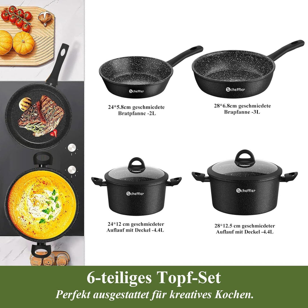 Topfset Induktion Scheffler Aluminium Kochgeschirr Set mit Glasdeckel, Töpfe und Pfannen mit Antihaf