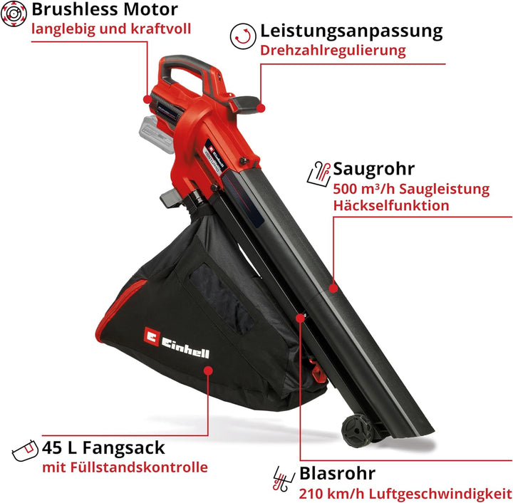 Einhell Akku-Laubsauger VENTURRO 18/210 Power X-Change (Li-Ion, 18 V, Saugleistung 500 m³/h, Fangsac