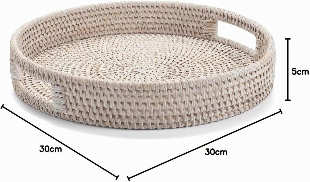 Serviertablett aus Rattan, rundes Tablett 30 cm – Handgeflochtener Korb im Landhausstil, Gebleicht W
