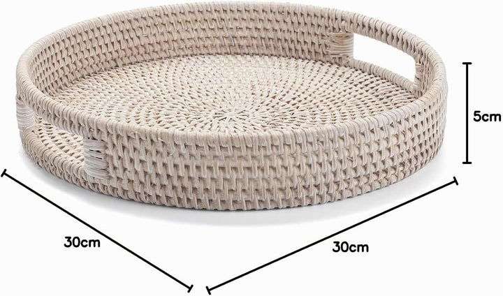 Serviertablett aus Rattan, rundes Tablett 30 cm – Handgeflochtener Korb im Landhausstil, Gebleicht W