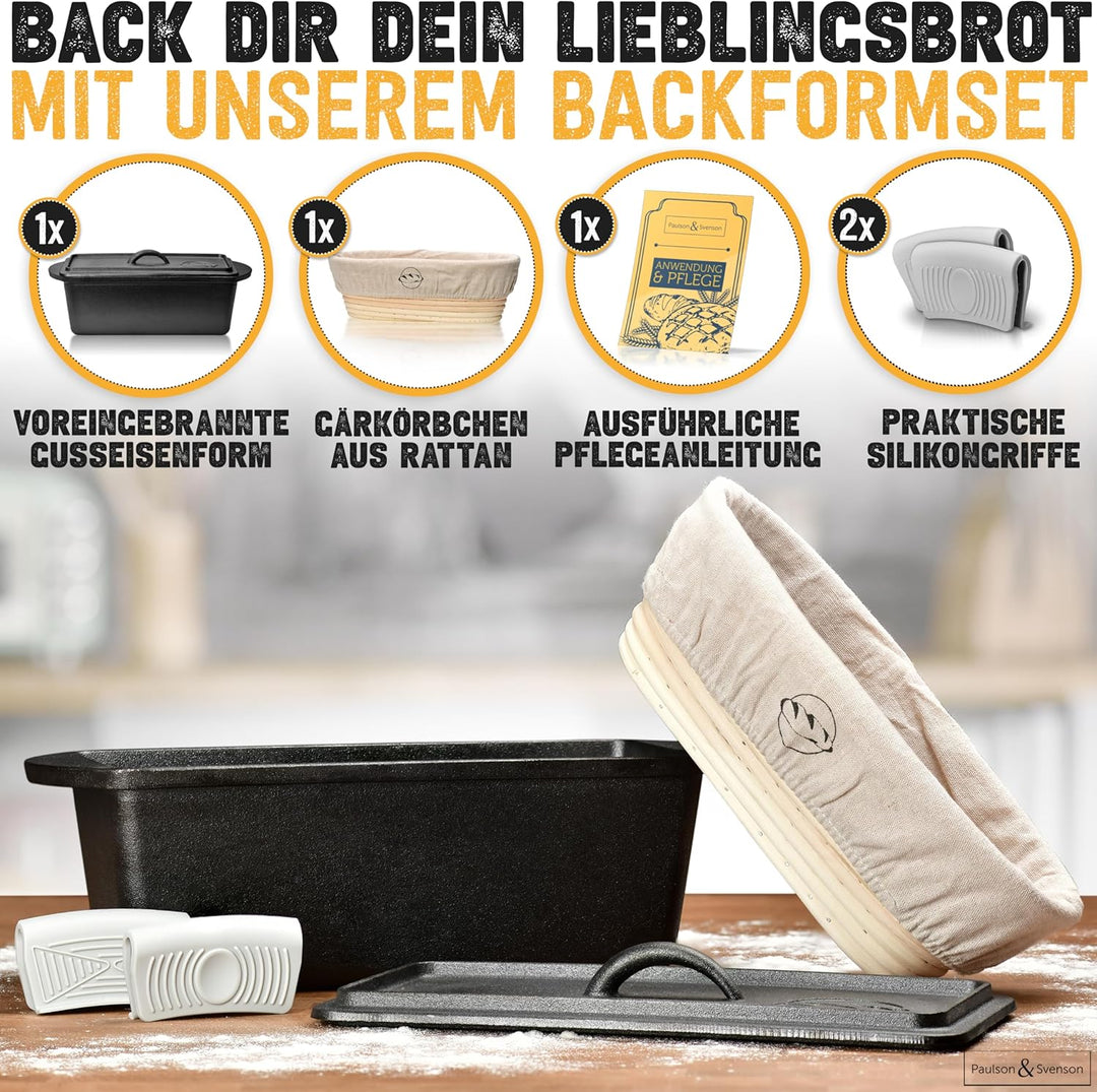 Paulson & Svenson® Brotbackform mit Deckel inkl. Gärkorb & Silikongriffe - Hochwertig eingebrannte B