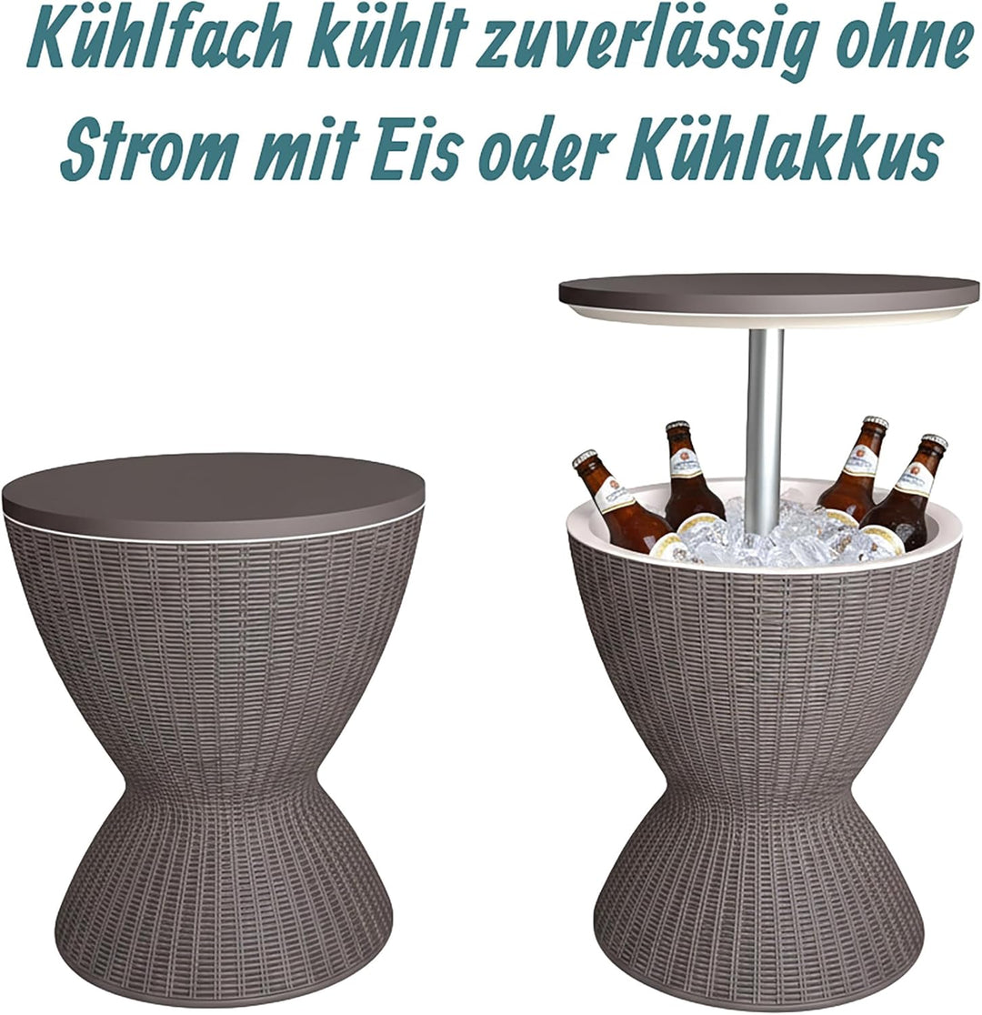 Relaxdays Beistelltisch mit Kühlfunktion, 30 L, Cool Bar, HxØ: 57x48,5 cm, höhenverstellbar, Rattan,