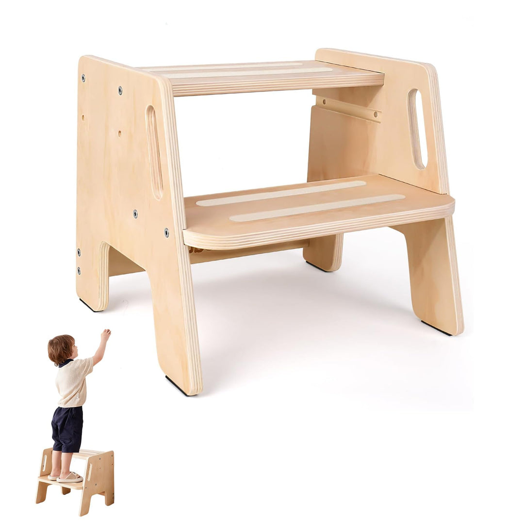 Tritthocker Kinder 2 Stufen,Fussbank Holz mit Griffen und Rutschfesten Fusspads,Stabiler Tritthocker