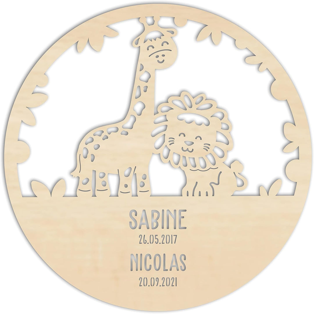 LAUBLUST Nachtlicht Kinderzimmer Personalisiert - Löwe & Giraffe - 30x0,4 cm - Natur - Wandlampe Hol