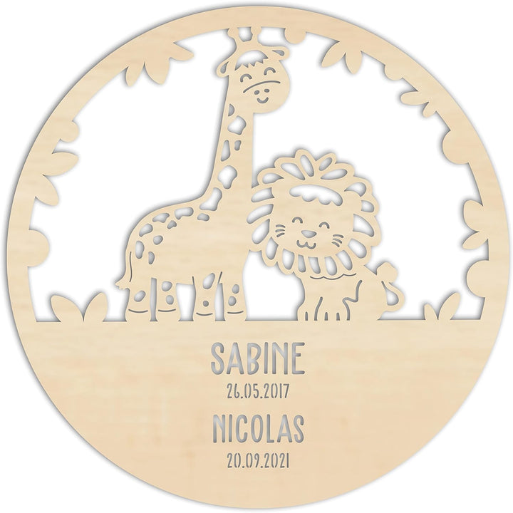 LAUBLUST Nachtlicht Kinderzimmer Personalisiert - Löwe & Giraffe - 30x0,4 cm - Natur - Wandlampe Hol