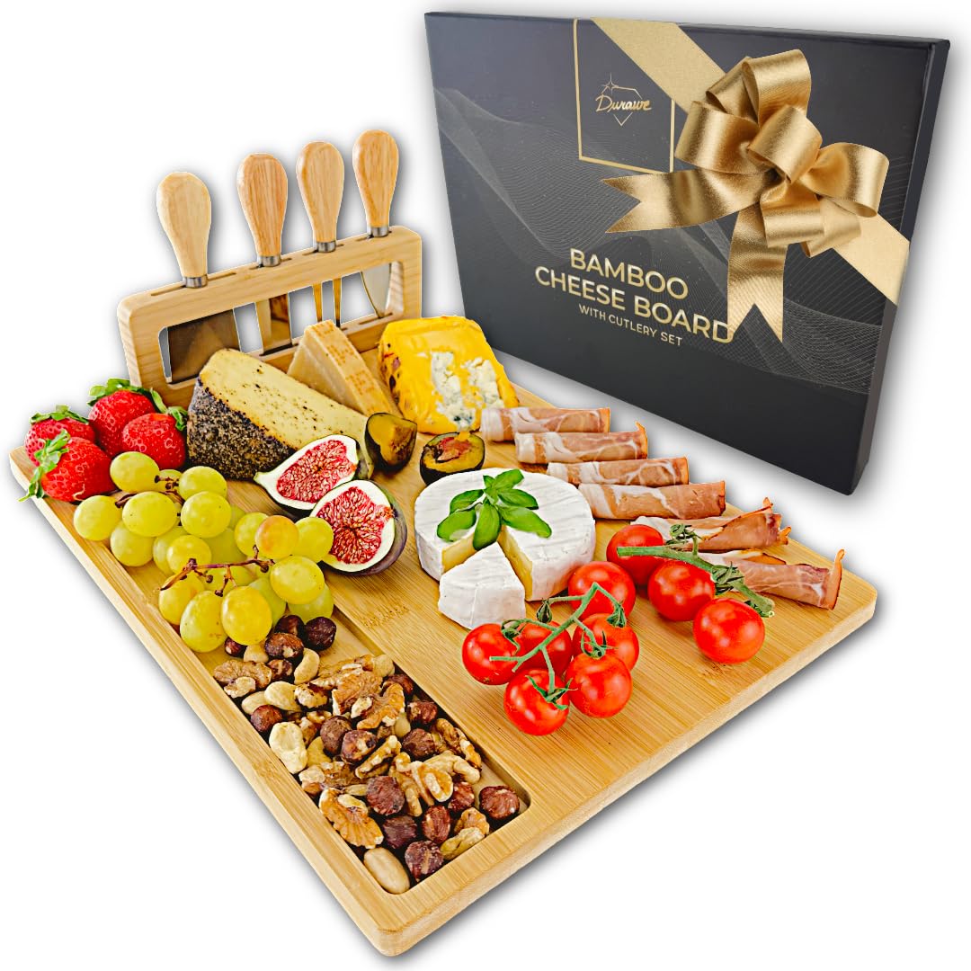 Bambus Käsebrett mit 4 Messern und Abnehmbarem Halter – Servierplatte mit Snack-Fächern, Charcuterie