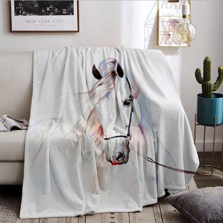 Weiche Decke mit weissem Pferd 150x200 cm, Pferdemotiv 3D Tier Motiv, Mikrofaser, Sehr Weich, Kinder