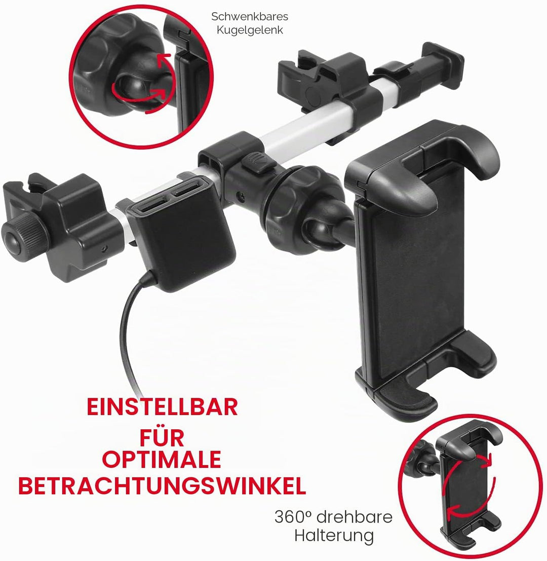 Macally Auto-Kopfstützen Tablet-Halterung mit USB-Lade-Hub & Zigarettenanzünder-Adapter – lädt 4 Ger