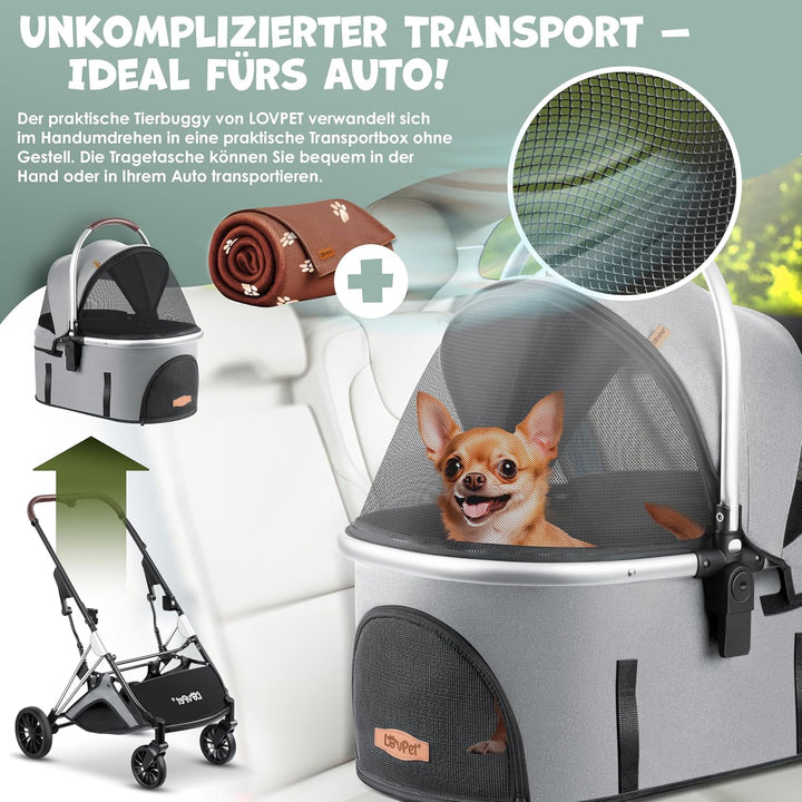 LOVPET® Hundewagen 3in1 Hundebuggy Hundebox Transporttasche 360° Grosse Räder Faltbar klappbar Haust