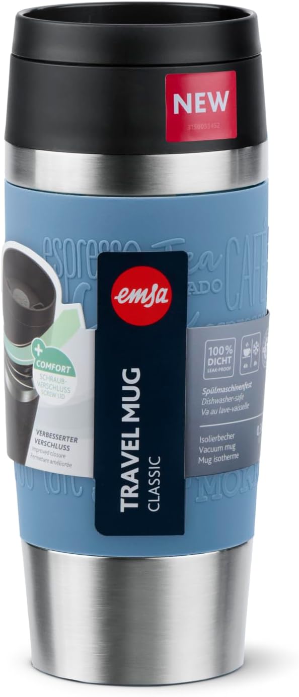 Emsa N20211 Travel Mug Classic Isolierbecher 0,36 Liter | neuer Komfort-Schraubverschluss | Edelstah