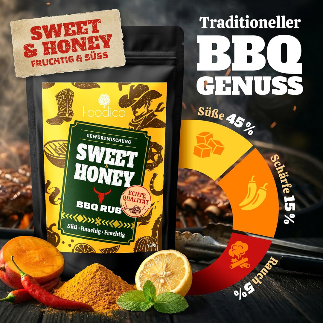 Foodico BBQ Rub Sweet & Honey 750g Grill Gewürz | Süss-Fruchtige Gewürzmischung mit Honig-Note | Exo