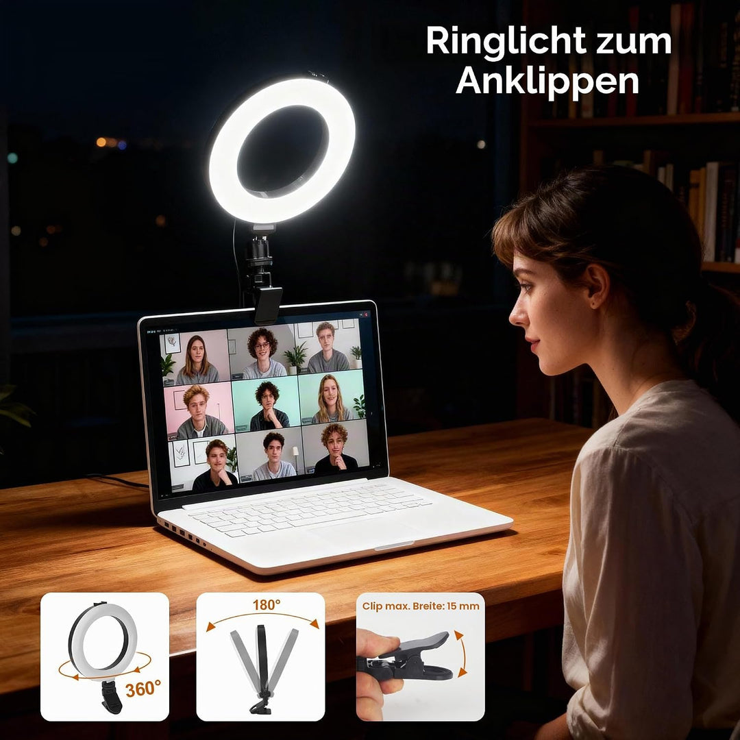 Ringlicht mit Stativ, 6 Zoll LED Ring Light mit 3 Lichtfarben und 10 Helligkeiten, Selfie Licht für