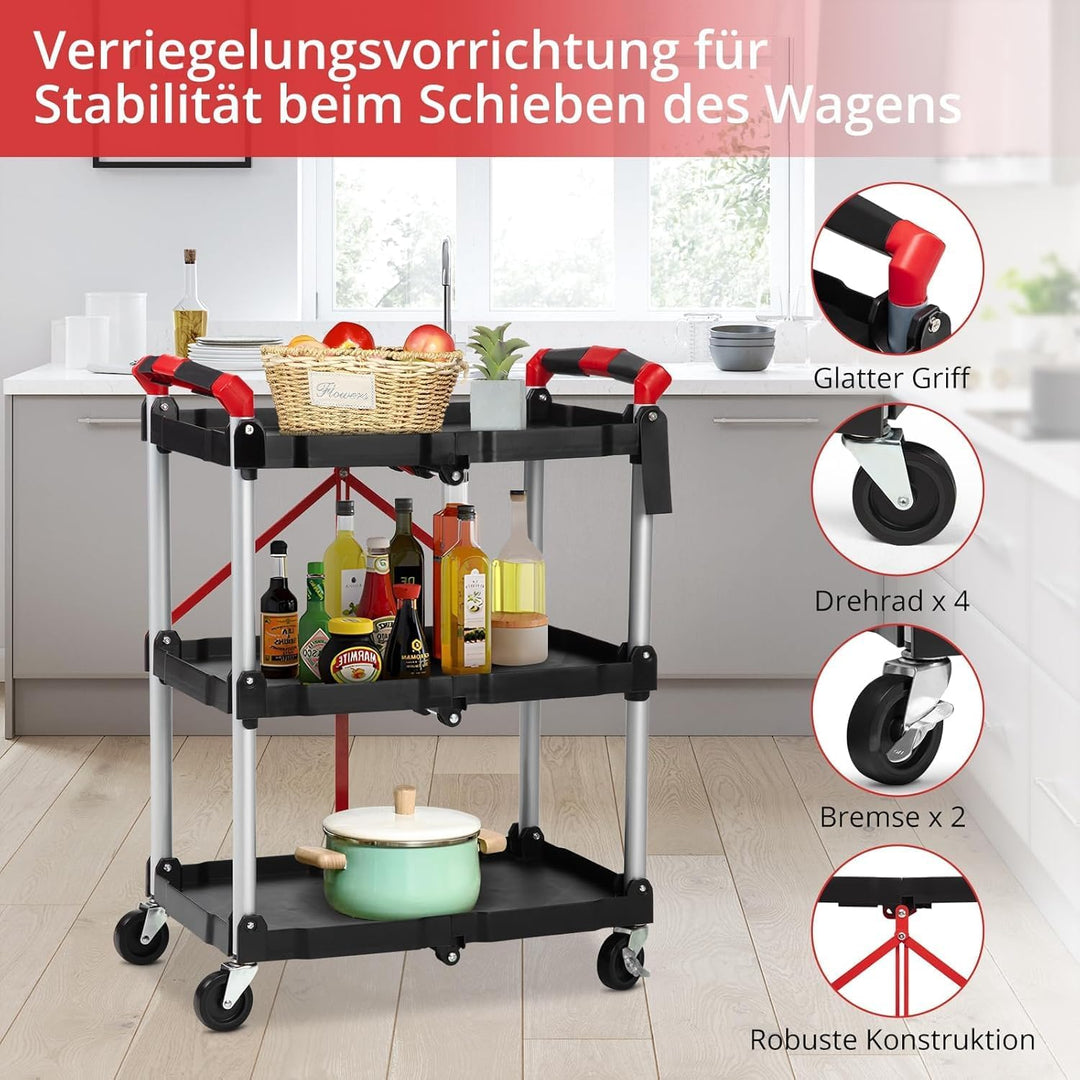 Klappbarer Servierwagen, 3 Etagen Rollwagen Mit Rollen, Faltbarer KüChenwagen, Lagerwagen, Werkzeugw