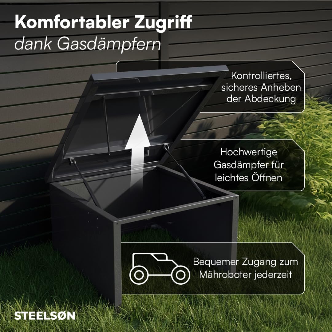 STEELSØN Drakon Mähroboter Garage aus Stahl - Mähroboterhaus mit Pultdach für Garten Witterungsbestä