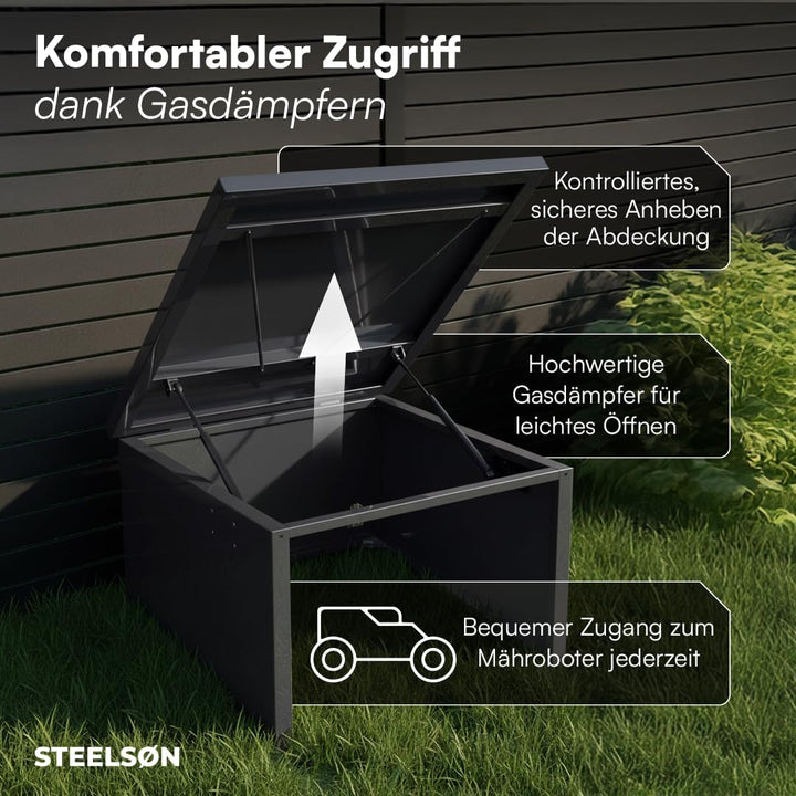 STEELSØN Drakon Mähroboter Garage aus Stahl - Mähroboterhaus mit Pultdach für Garten Witterungsbestä