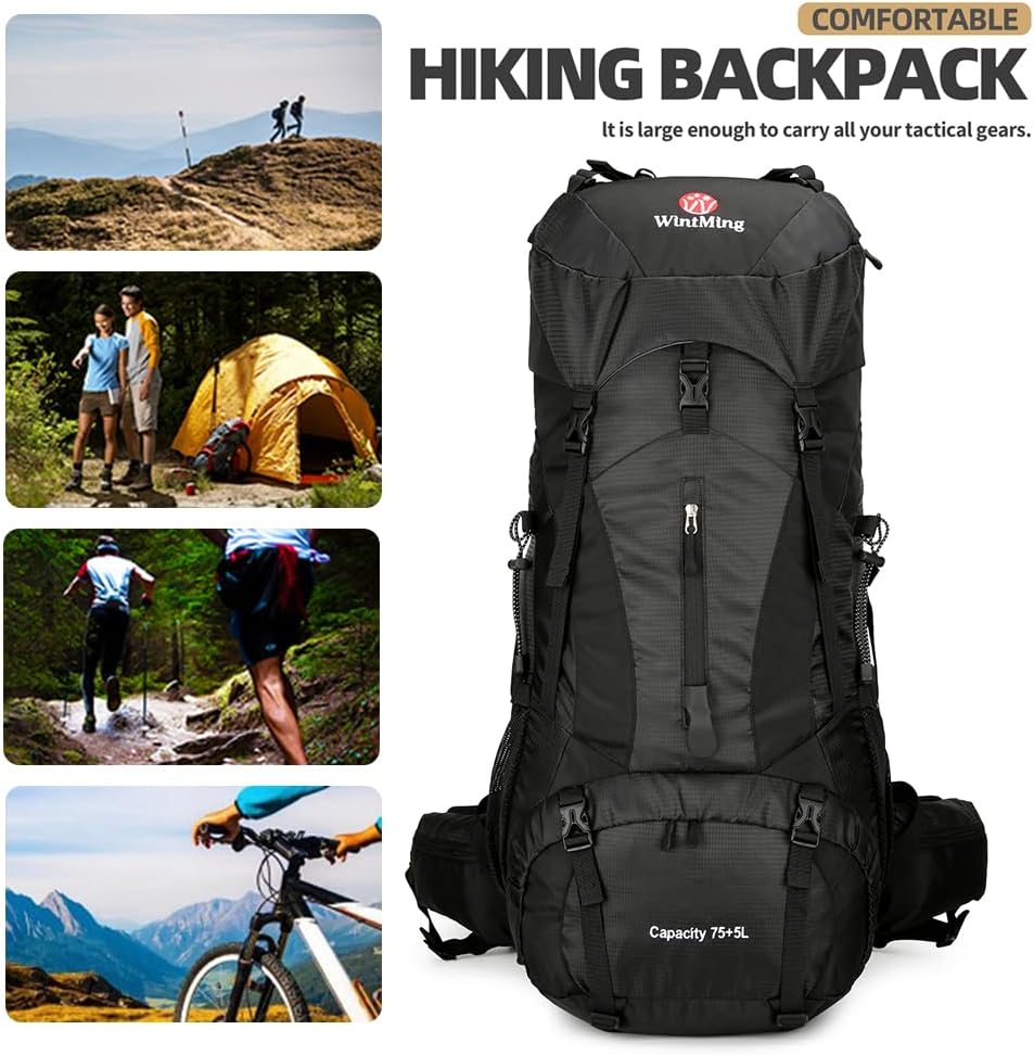 WintMing 75L Hiking Backpack with Rain Cover Waterproof Camping Backpack Shoes Warehouse for Men Wom