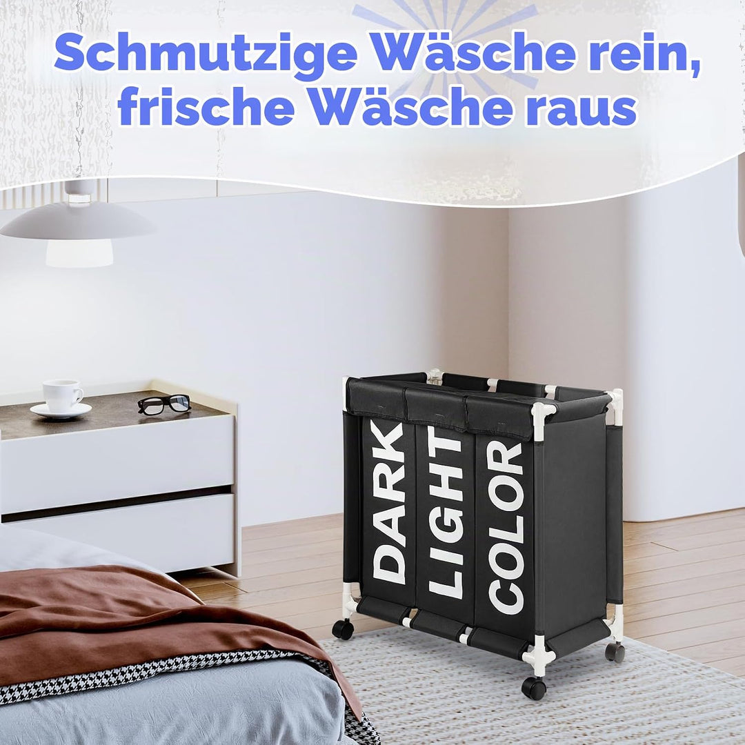 Rieeyrslza Wäschesortierer auf Rollen 90L Wäschekörbe 3 Fächer Wäschekorb aus Oxford-Stoff Mit Decke