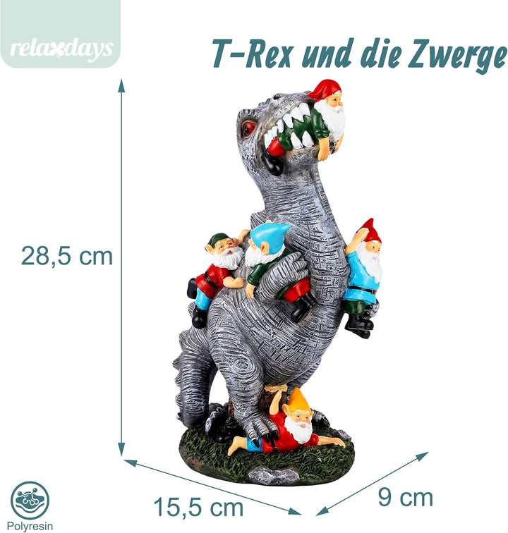 Relaxdays Gartenfigur, Dinosaurier frisst Gartenzwerge, wetterfeste Deko, Kleingarten, Kunstharz, 28
