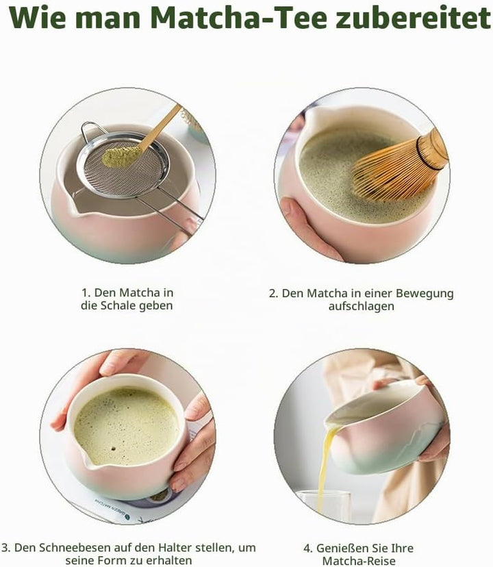 Matcha Set 7 teilig – Matcha Schale mit Ausgiesser, Matcha Besen (Chasen), Schaufel, Sieb, Besenhalt