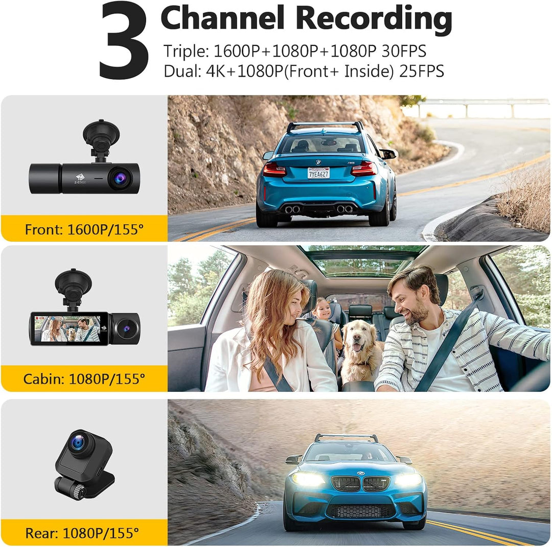 Z-Edge T3P 3 Kanal 4K Dashcam mit WiFi GPS, Vorne Innen Hinten 1600P+1080P+1080P, IPS Touchscreen, I