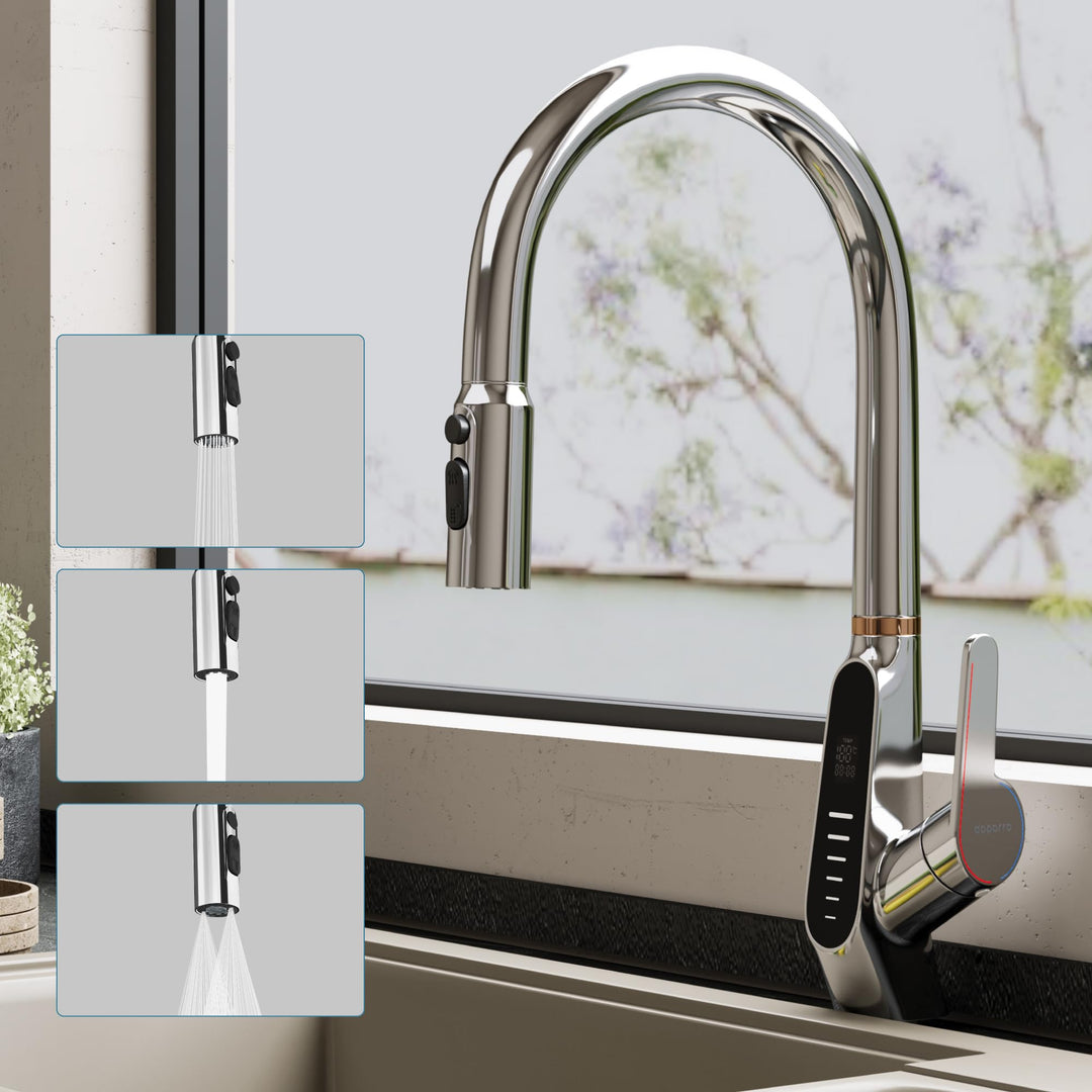 doporro Wasserhahn Küche Silber mit LED Temperaturanzeige, Küchenarmatur Ausziehbar, Hochdruck Misch