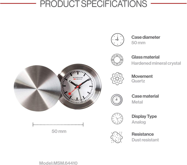 Mondaine - Wecker MSM.64410 Tischuhr 50mm - Bahnhofsuhr aus Messing gehärtetes Mineralglas staubbest