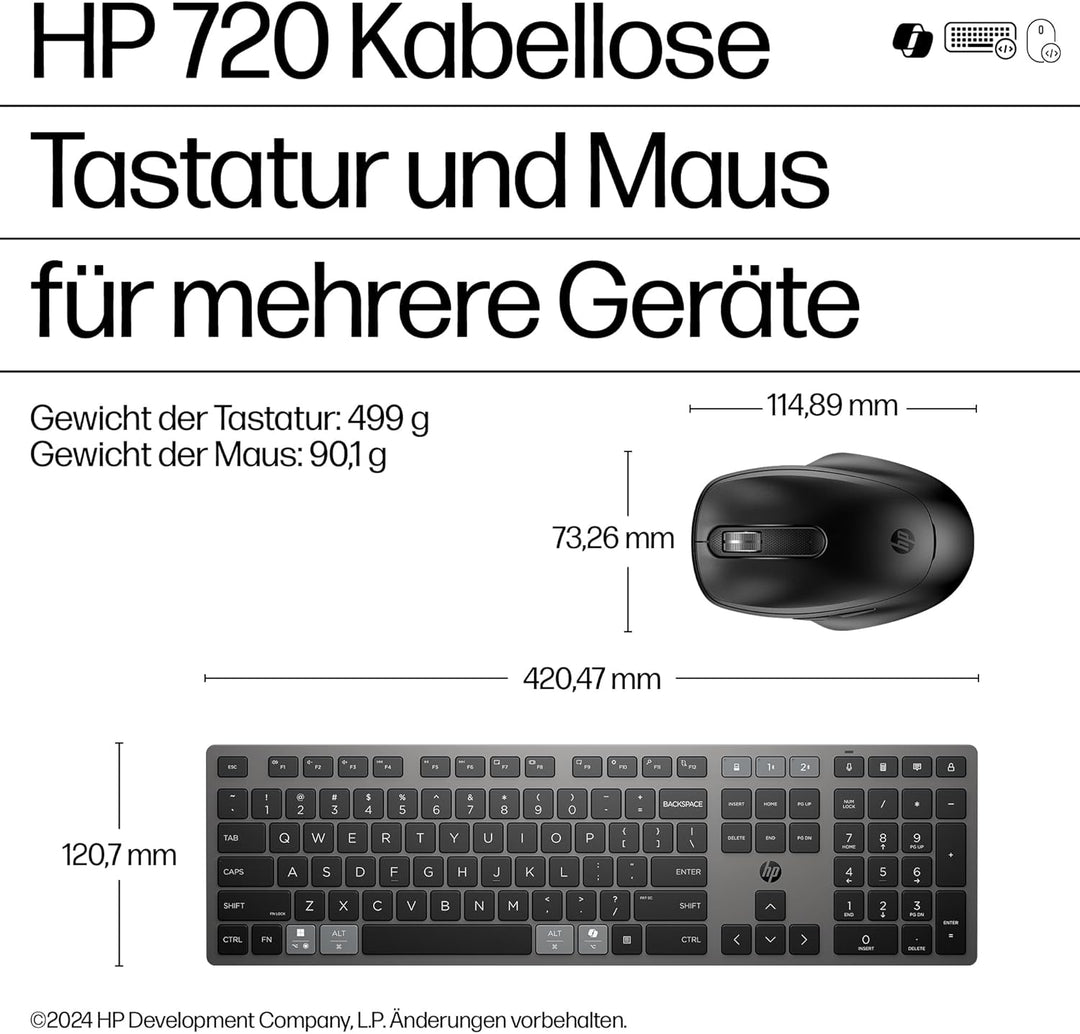 HP 720 Kabellose Tastatur und Maus Set – Wiederaufladbar, Multi-Device, QWERTZ Deutsches Layout, Blu
