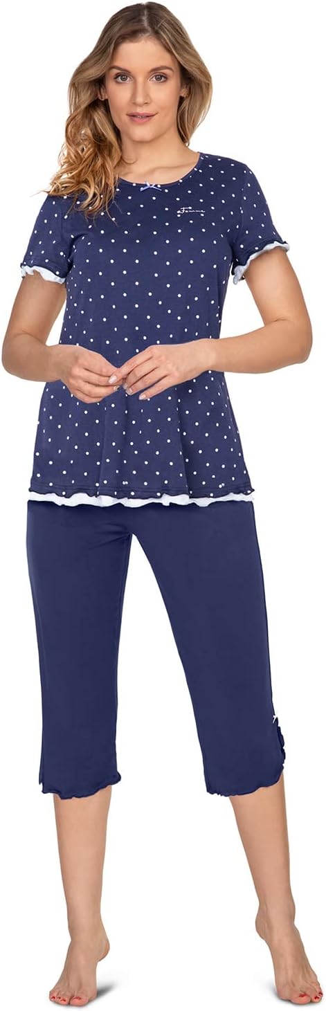 e.FEMME Damen Schlafanzug Marion 310, Kurzarm, aus 50% Baumwolle und 50% Modal 36 Marine Gepunktet,
