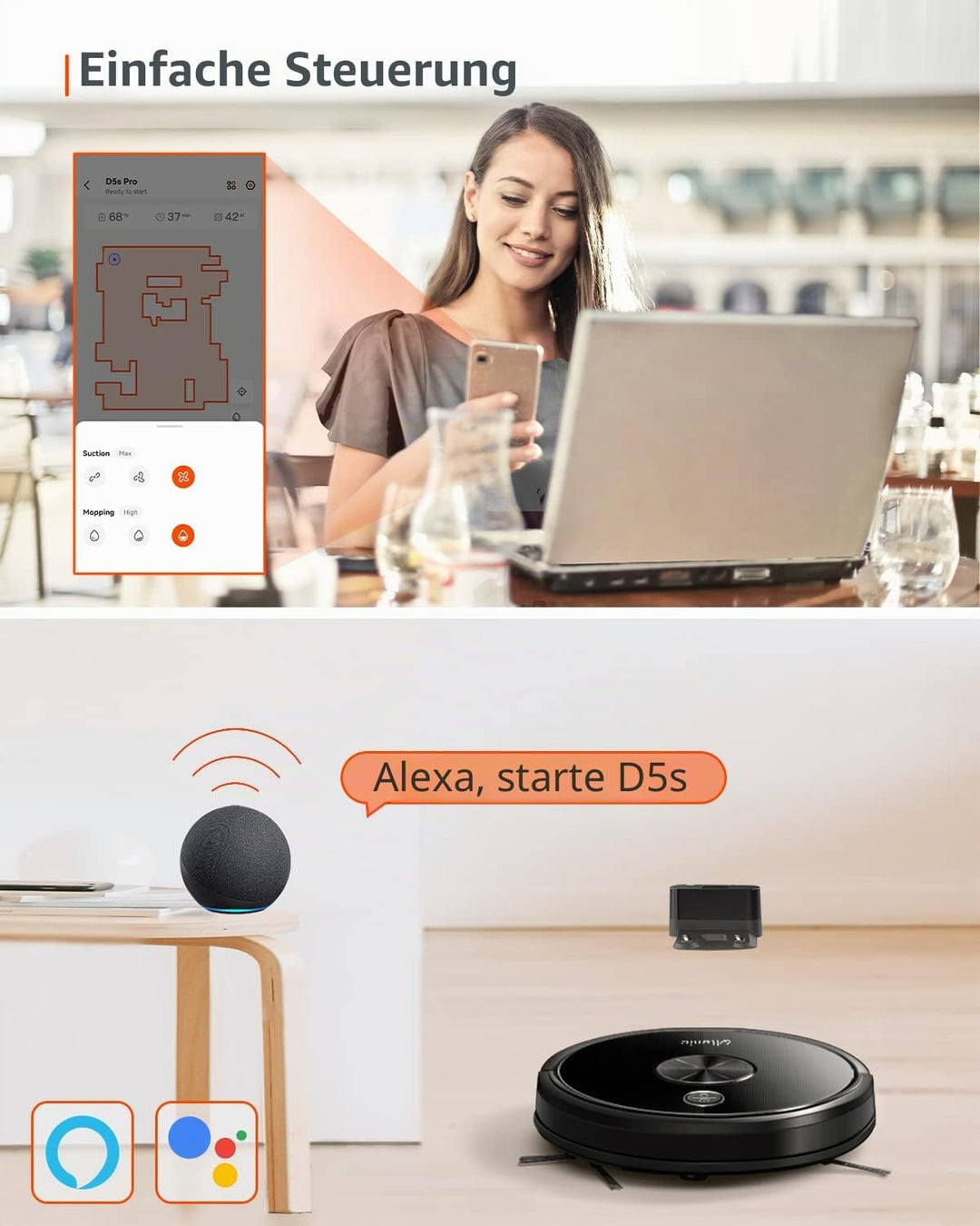 Ultenic D5s Pro Saugroboter mit Wischfunktion, 3000 Pa Saugkraft Staubsauger Roboter, Roboter Staubs