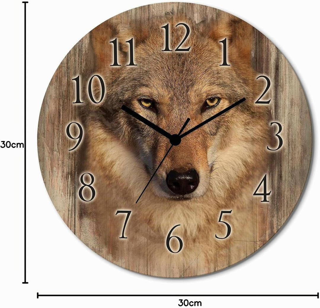 ARTLAND Wanddeko Wanduhr ohne Tickgeräusche aus Holz Quarzuhr lautlos rund Ø 30 cm Wolf T1DQ Tiere W