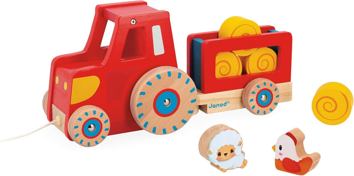 Janod - Traktor zum Ziehen - Baby- und Kleinkindspielzeug - 1 Spielzeugtraktor + 6 Zubehörteile - Ge