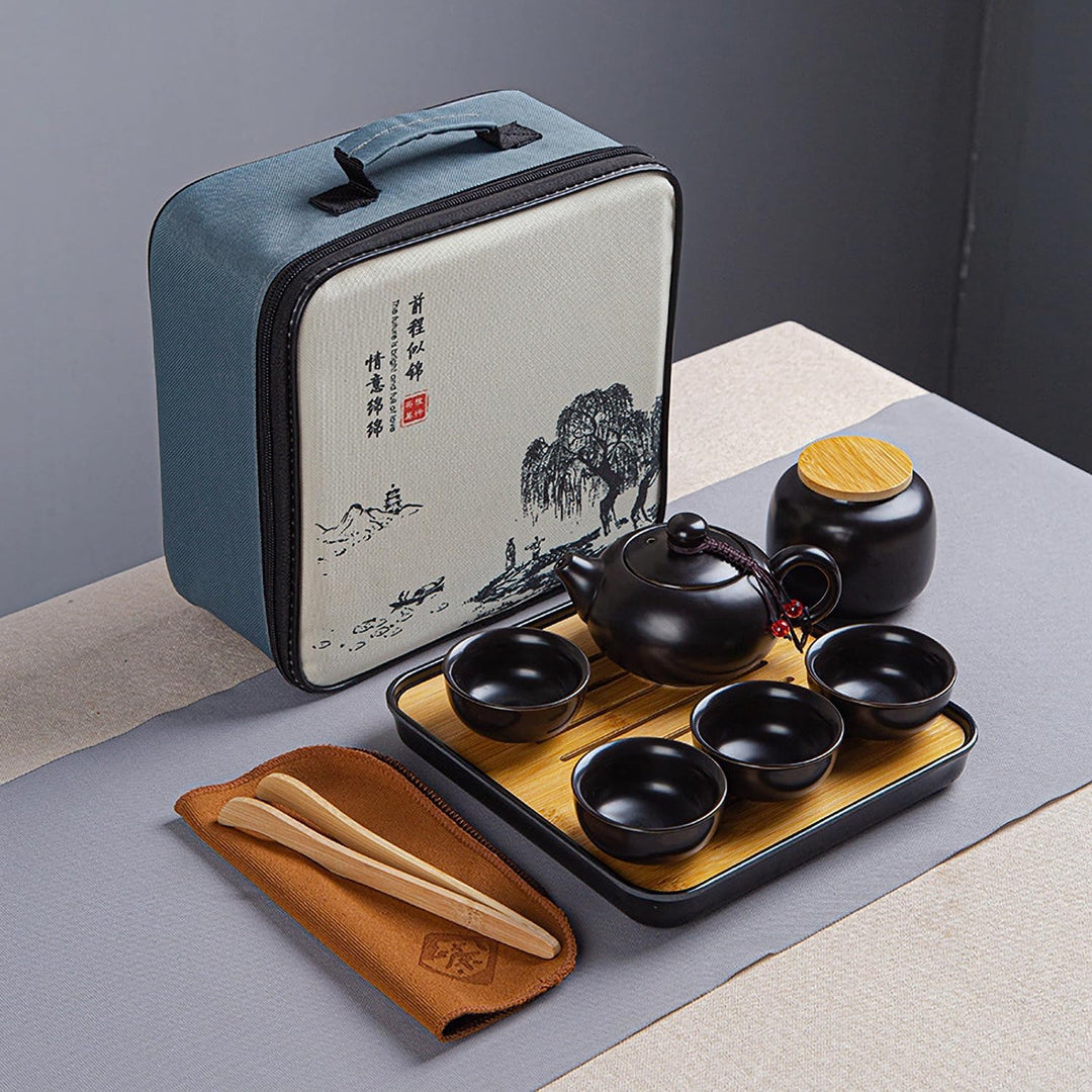 Teekanne Sets, Chinesisches Kungfu Teeservice, Keramik Teekanne mit 4 Tassen und Teedose Tablett, Al