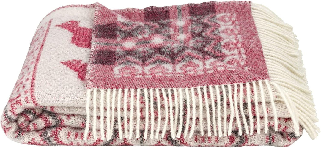 ÖJBRO VANTFABRIK "Dalarna gewebte Wolldecke mit Fransen 130x220 cm rot/beige/schwarz 100% Merinowoll