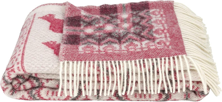 ÖJBRO VANTFABRIK "Dalarna gewebte Wolldecke mit Fransen 130x220 cm rot/beige/schwarz 100% Merinowoll