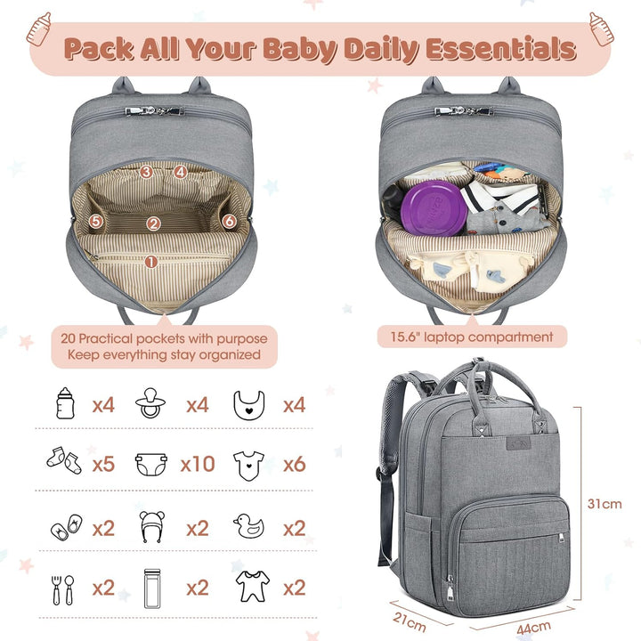 RAINSMORE Baby Wickelrucksack Gross Wickeltasche Rucksack mit Kinderwagengurten und Wickelunterlage