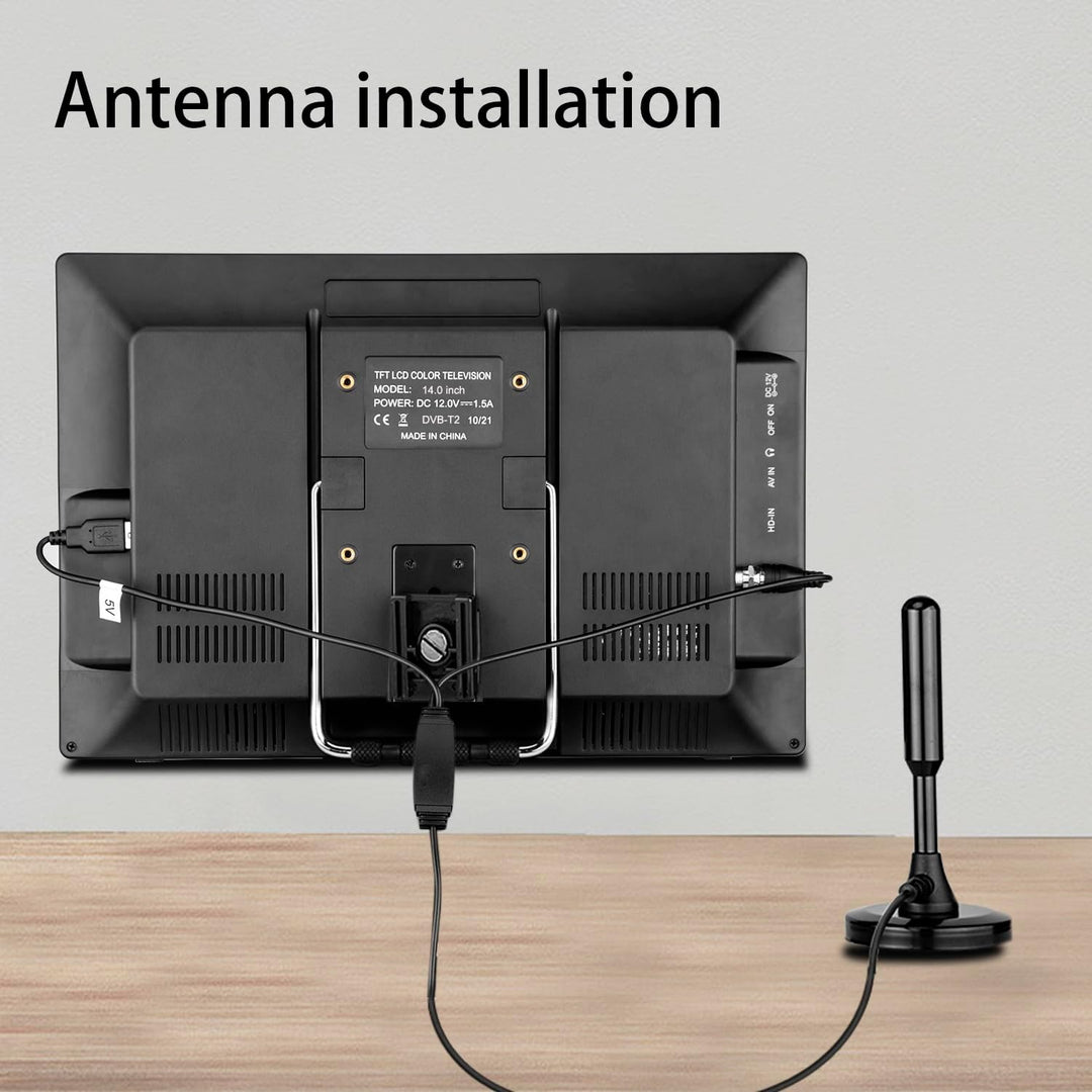 SOYAR Tragbarer 14,0-Zoll-LCD-Fernseher mit DVB-T2, wiederaufladbarem Akku, Mini-Freeview-TV, USB-An