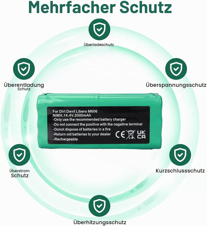 14.4 V,2000 mAh NI-Mh Ersatzakku Kompatibel Mit Dirt Devil Libero M606, Libero M606-1, Libero M606-2