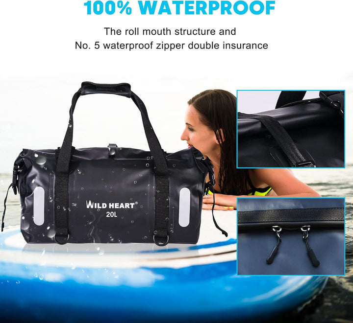 WILD HEART wasserdichte Tasche für Kajakfahren, Camping, Boot, Radfahren 20L 30L 40L 20 l Schwarz, 2