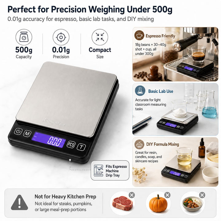 KitchenTour Digitale Küchenwaage – 3000g/0,1g Präzisionswaage mit 9 Einheiten (g/oz/ml/lb/lb:oz/gn/