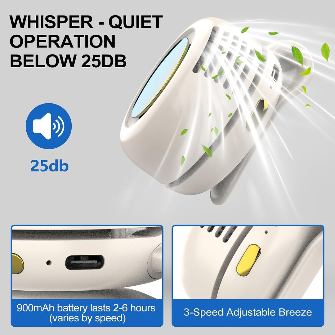 Mini Flügelloser Clip-Ventilator mit 360°, Drehung - Tragbarer USB-C Wiederaufladbarer Hals Taillenv