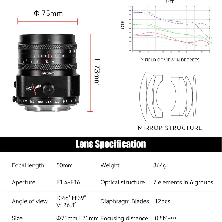 7artisans 50mm F1,4 Tilt-Shift-Objektiv mit APS-C-Rahmen und 2-in-1-Kompatibilität für spiegellose F