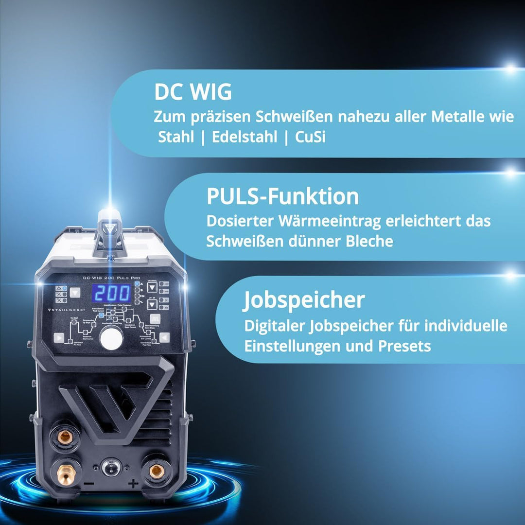 STAHLWERK DC WIG 200 Puls Pro - Digitales Profi WIG Schweissgerät mit MMA E-Hand und Pulsfunktion, f