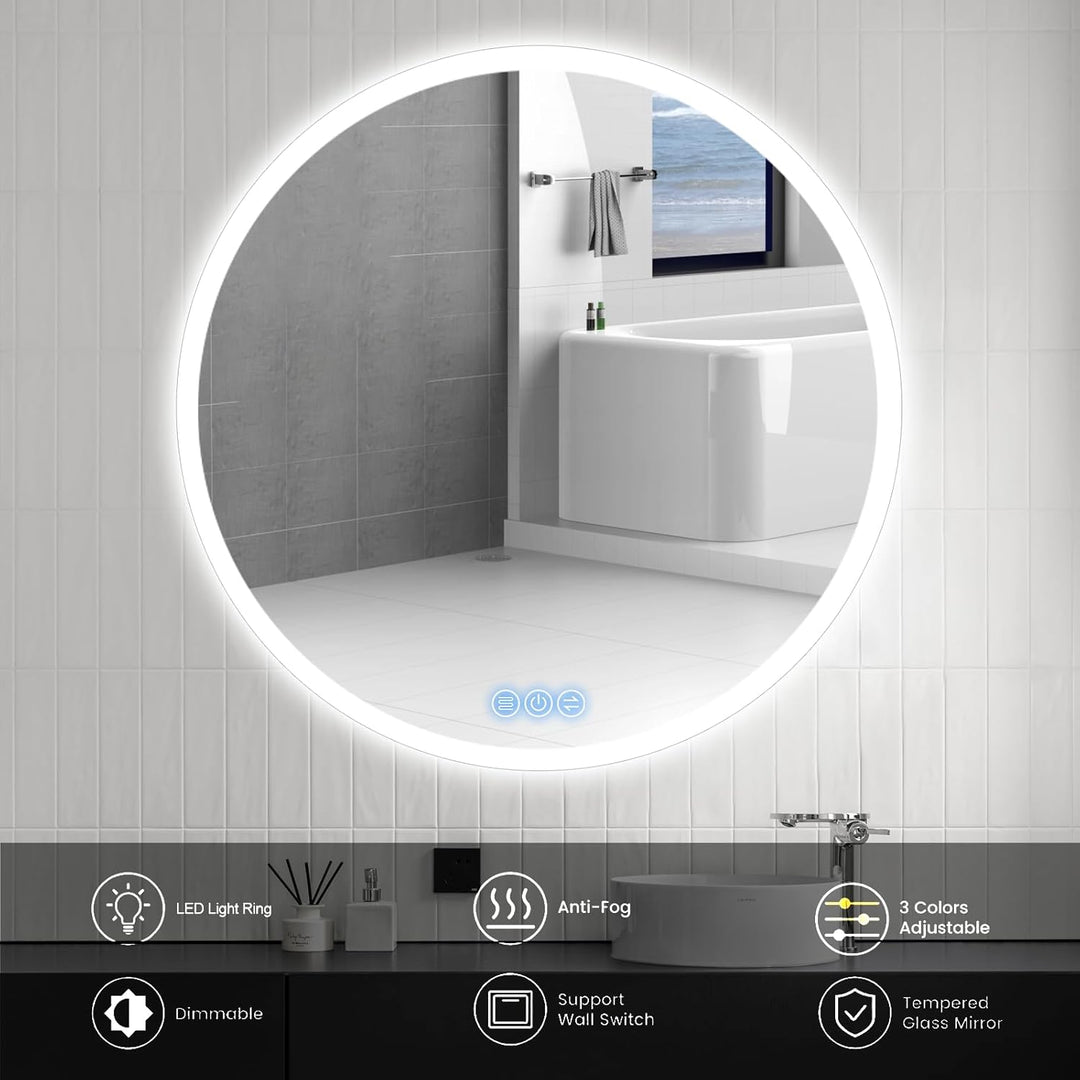 Badspiegel mit Beleuchtung Rund 80cm, LED-Badezimmerspiegel mit Touch-Schalter, Antibeschlag, 3 stuf