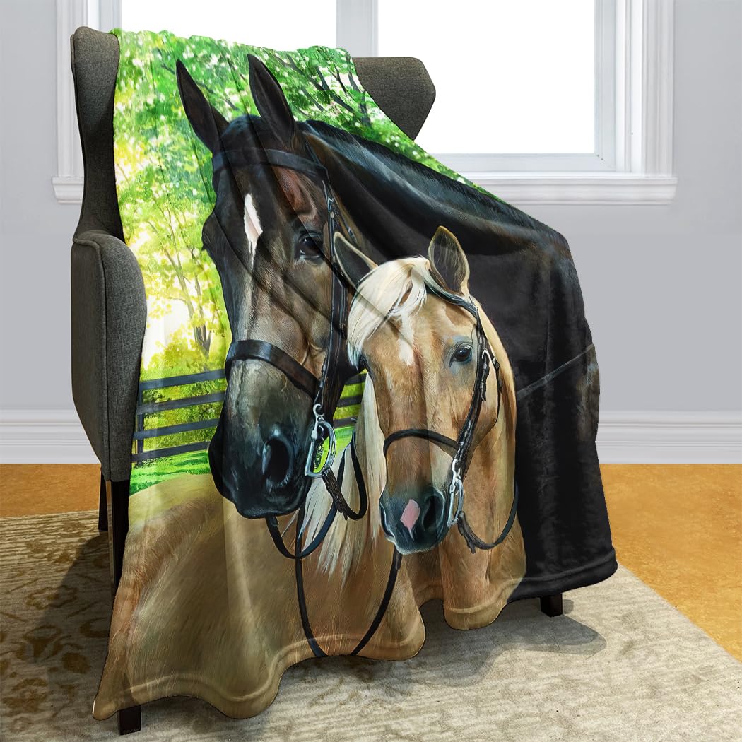 125 x 200 cm Flanell Decke Weich Fleecedecke Kuscheldecken SanftBettüberwurf 2 Pferde Wald Bauernhof