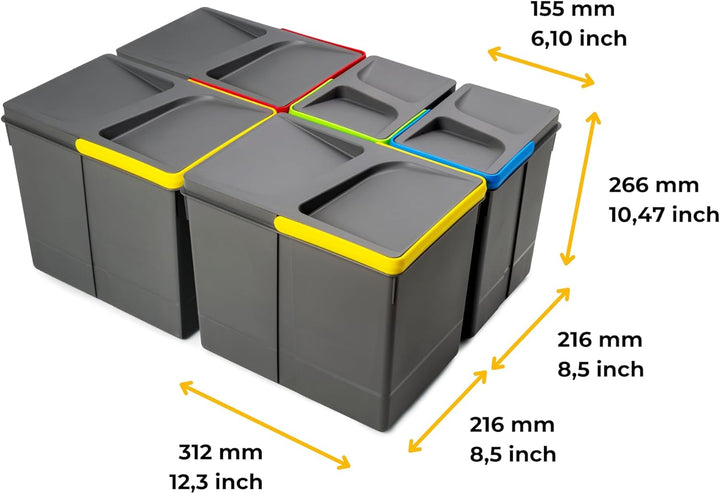 Emuca - Recycle Behälter für Küchenschublade, Höhe 266, 3x15L + 2x7L, Anthrazitgrauer Kunststoff Con