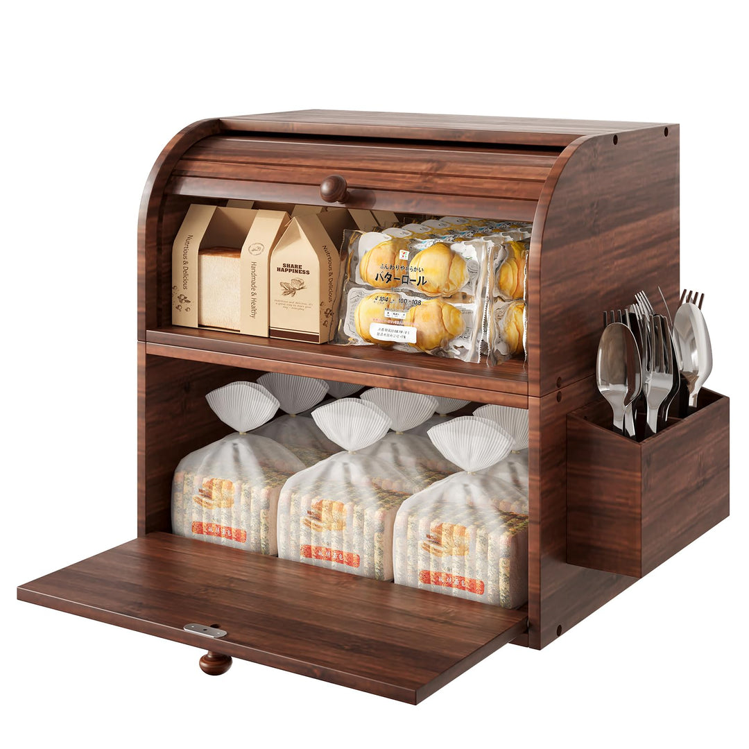 TQVAI Brotkasten Holz, Bambus Brotbehälter mit 2 Etagen Brotaufbewahrung, Bread Box mit Rolldeckel m