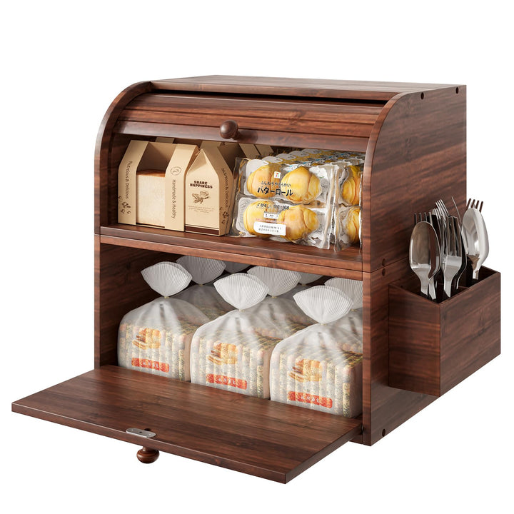 TQVAI Brotkasten Holz, Bambus Brotbehälter mit 2 Etagen Brotaufbewahrung, Bread Box mit Rolldeckel m