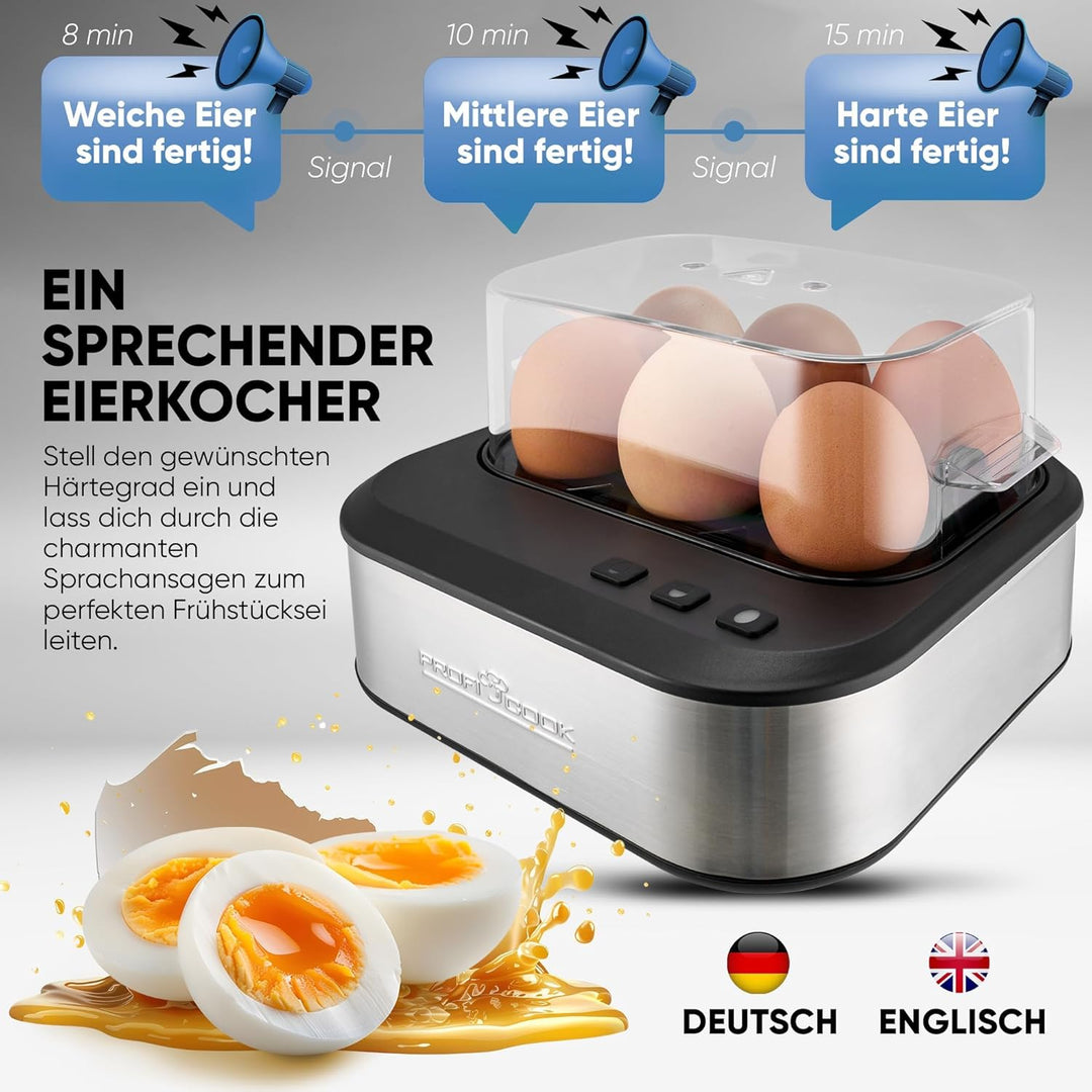 ProfiCook® sprechender Eierkocher | kocht alle drei Stufen | weich/mittel/hart | Eierkocher 6 Eier |