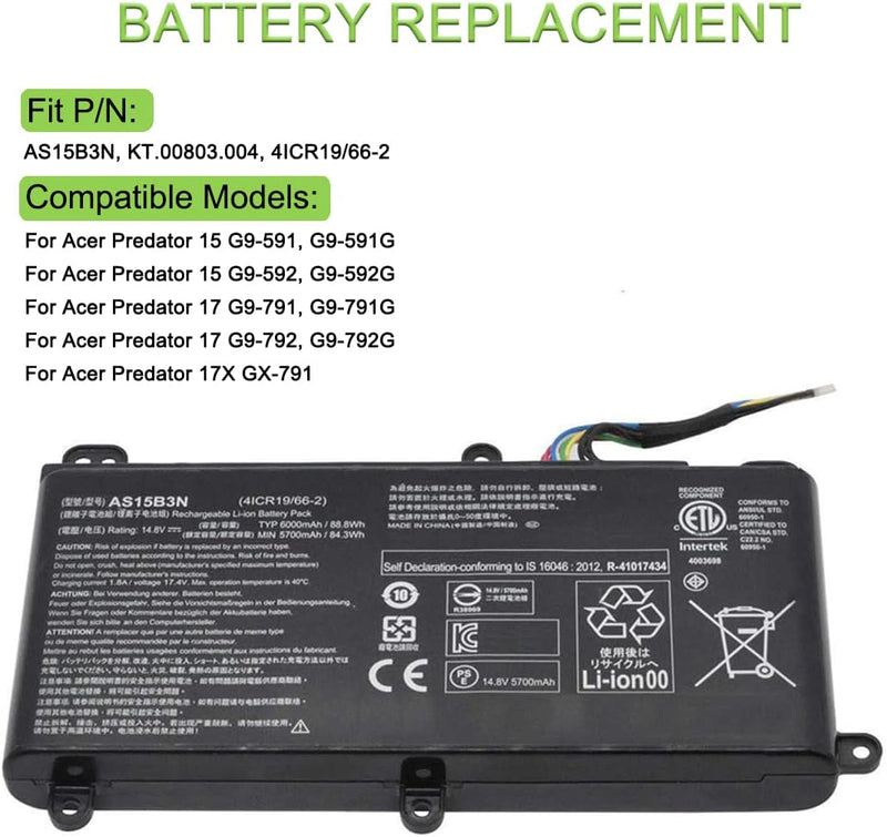 XITAIAN 14.8V 88.8Wh 6000mAh AS15B3N KT.00803.004 4ICR19/66-2 Ersatz Laptop Akku für Acer Predator G